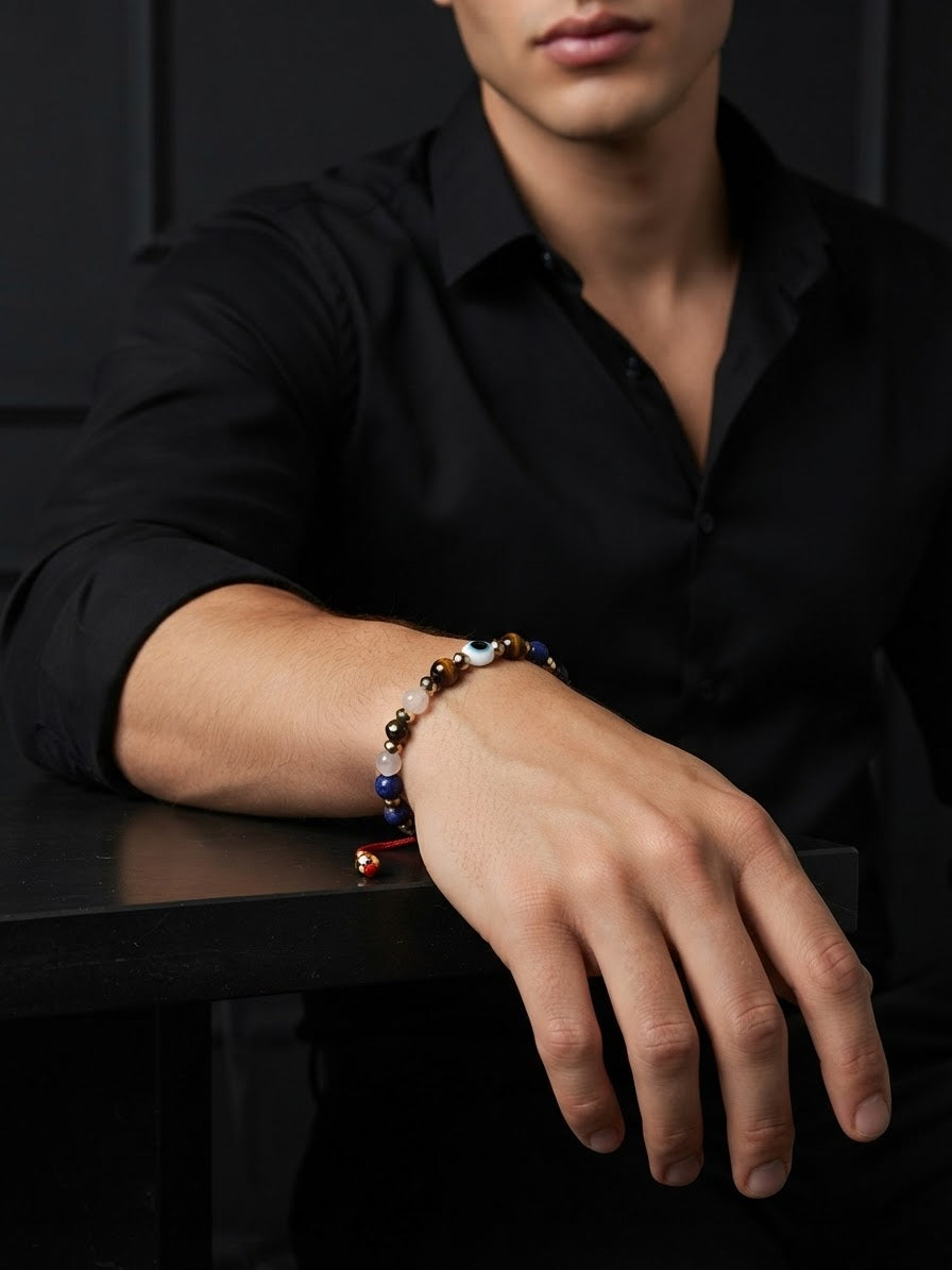 Mystic Guardian Tiger Eye, Black Onyx & Lapis Lazuli Evil Eye Crystal Bracelet