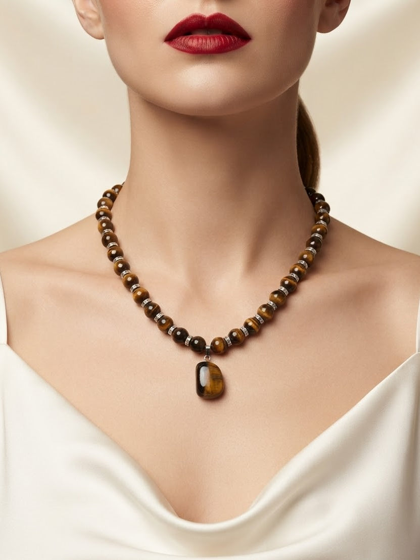 A close-up of a model wearing a beaded necklace with a teardrop-shaped pendant. The necklace features polished brown and black tiger's eye beads with a matching brown pendant.
