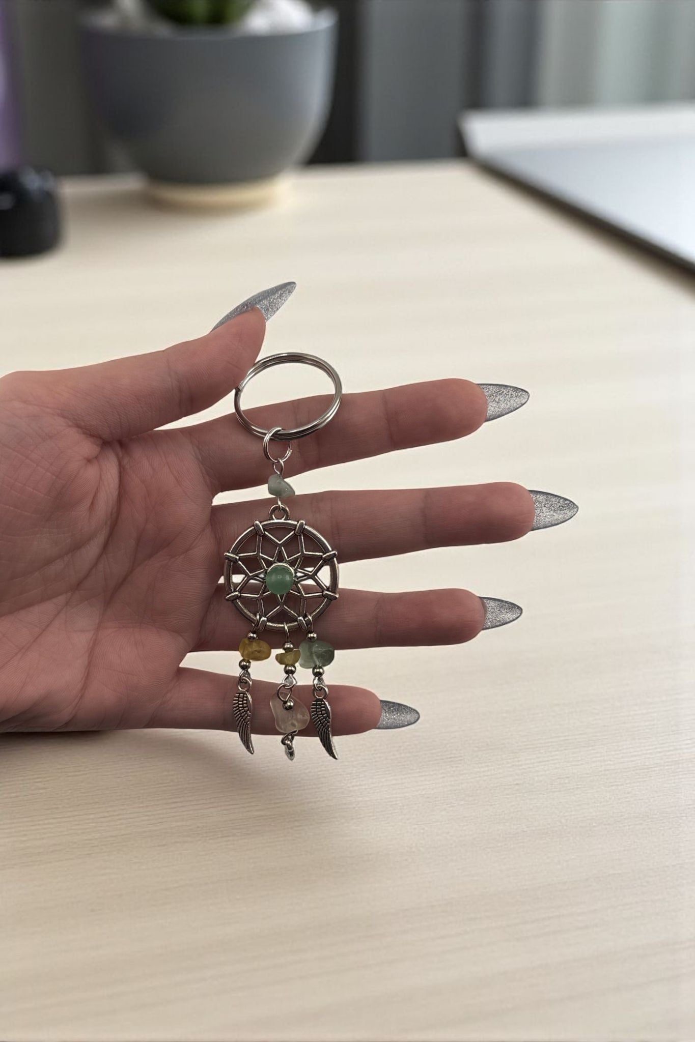 Jade Citrine Stone Keyring – Crystal Chain Green Jade Citrine Keychain for Prosperity & Positive Energy