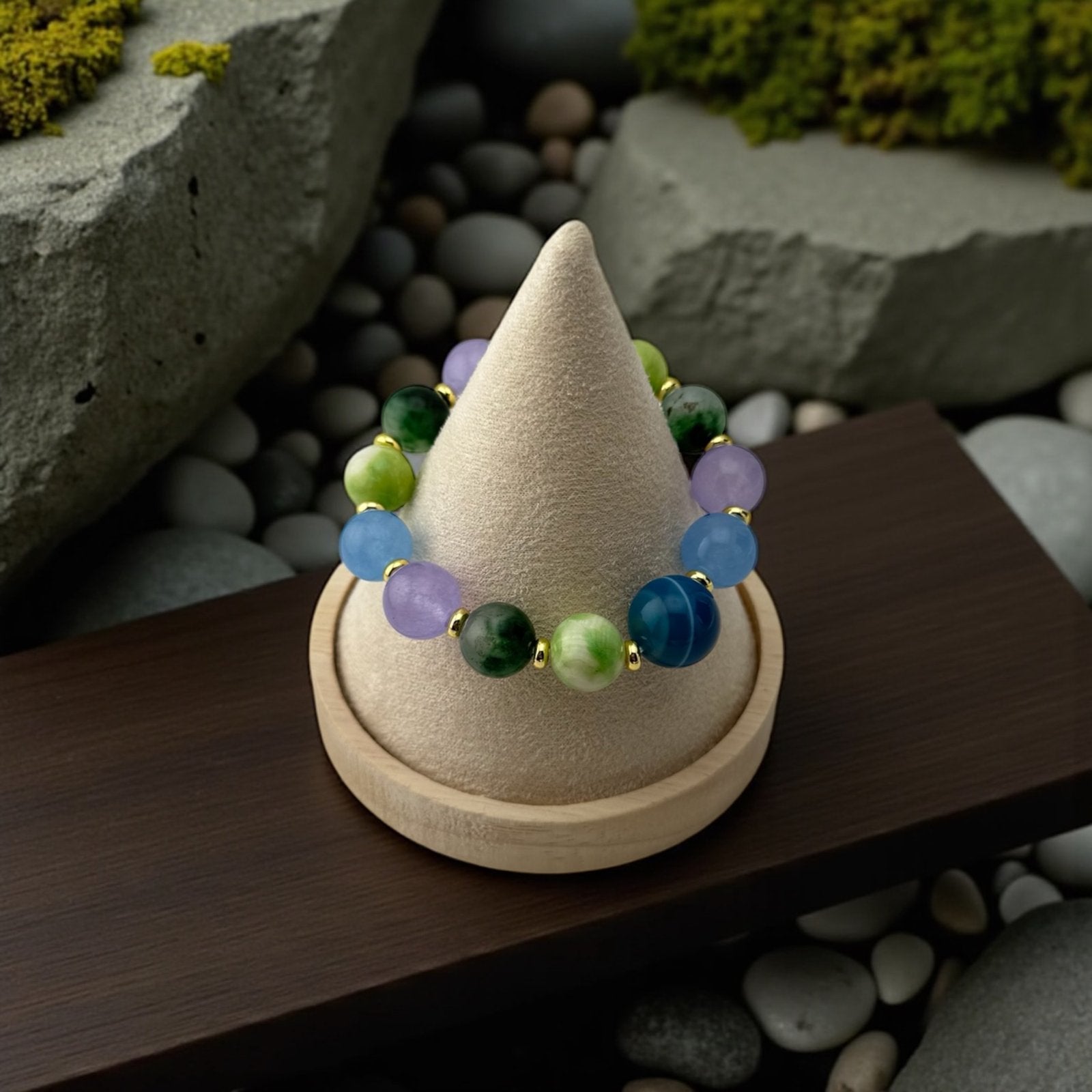 Jade, Amethyst & Blue Agate Bracelet – Tranquil Wisdom & Elegant Balance