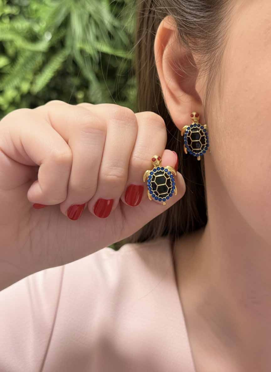 Lapis Lazuli Turtle Stud Earrings – deep blue lapis stones set in golden turtle studs.