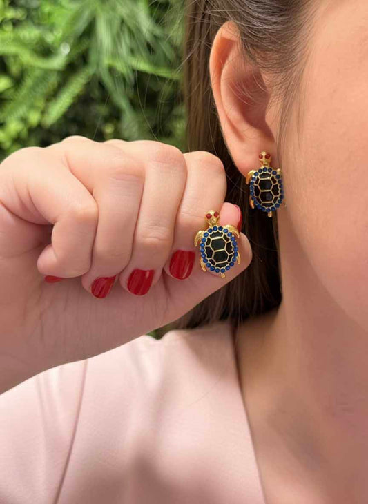 Lapis Lazuli Turtle Stud Earrings – deep blue lapis stones set in golden turtle studs.