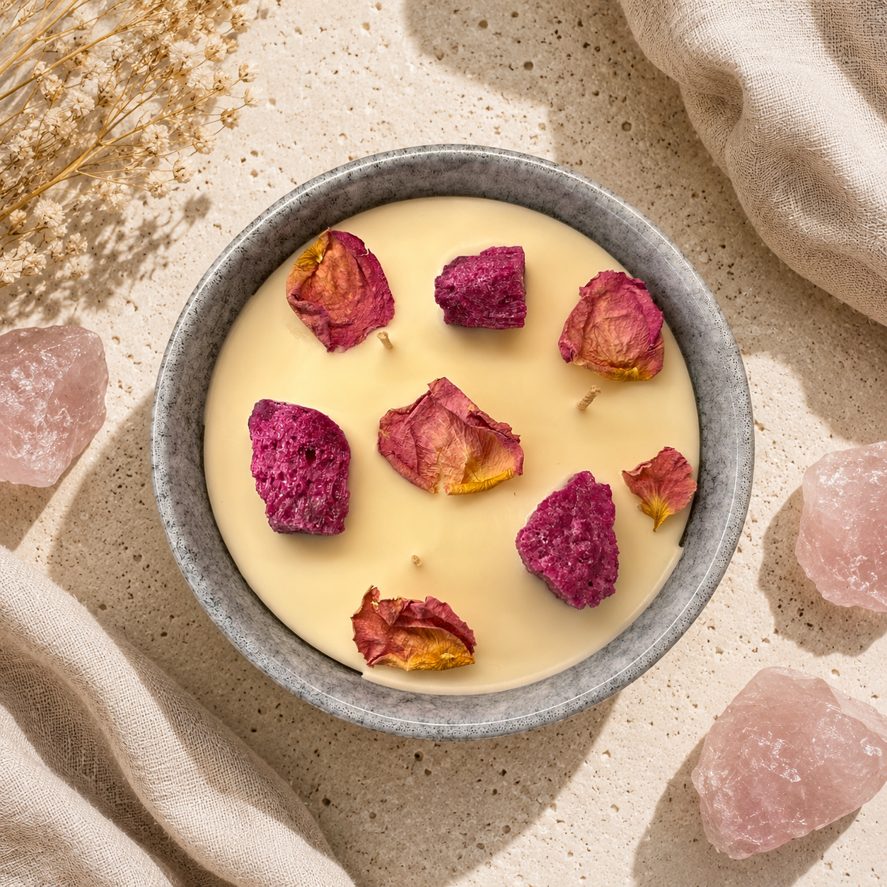 Bowl of white chocolate with dried rose petals on a beige surface with crystals and fabric.