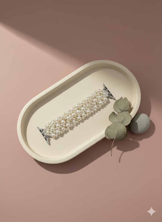 Pearl Beaded Strap Watch – classy wrist chain design with luminous pearls.