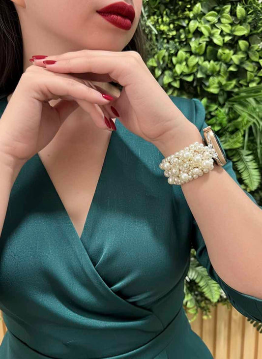 Pearl Beaded Strap Watch – classy wrist chain design with luminous pearls.