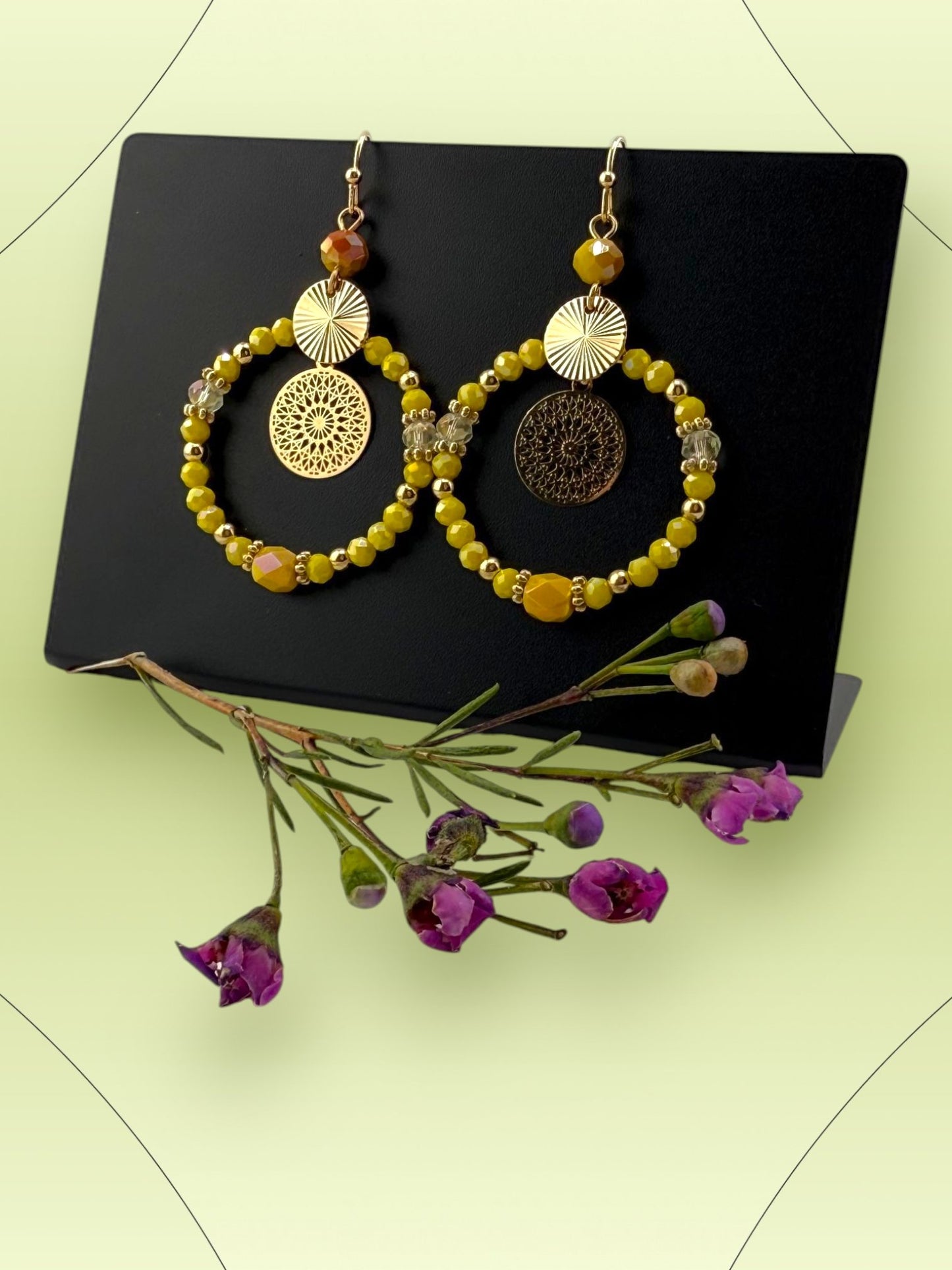 Yellow Beaded Solar Mandala Earrings - Solar Bloom