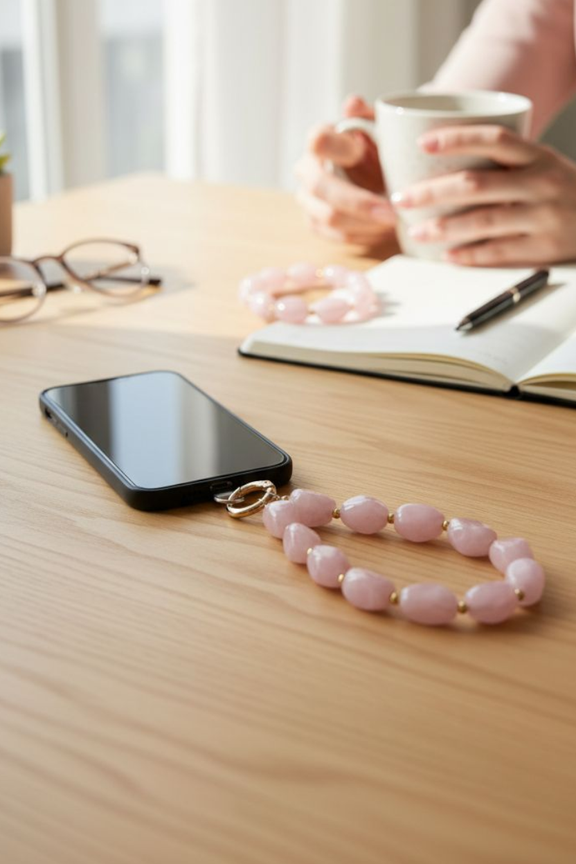 Protective gemstone phone charm with brown and black beads