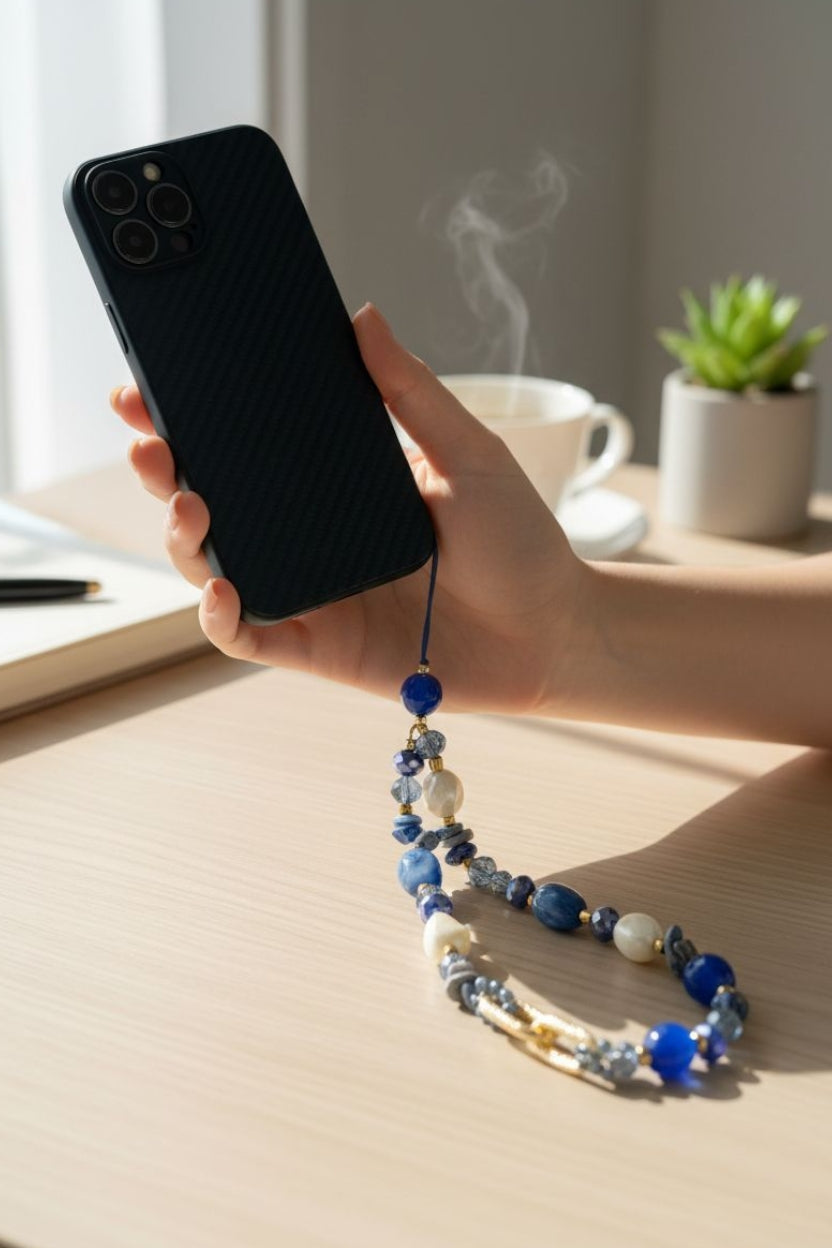 Natural stone beaded phone strap in blue tones