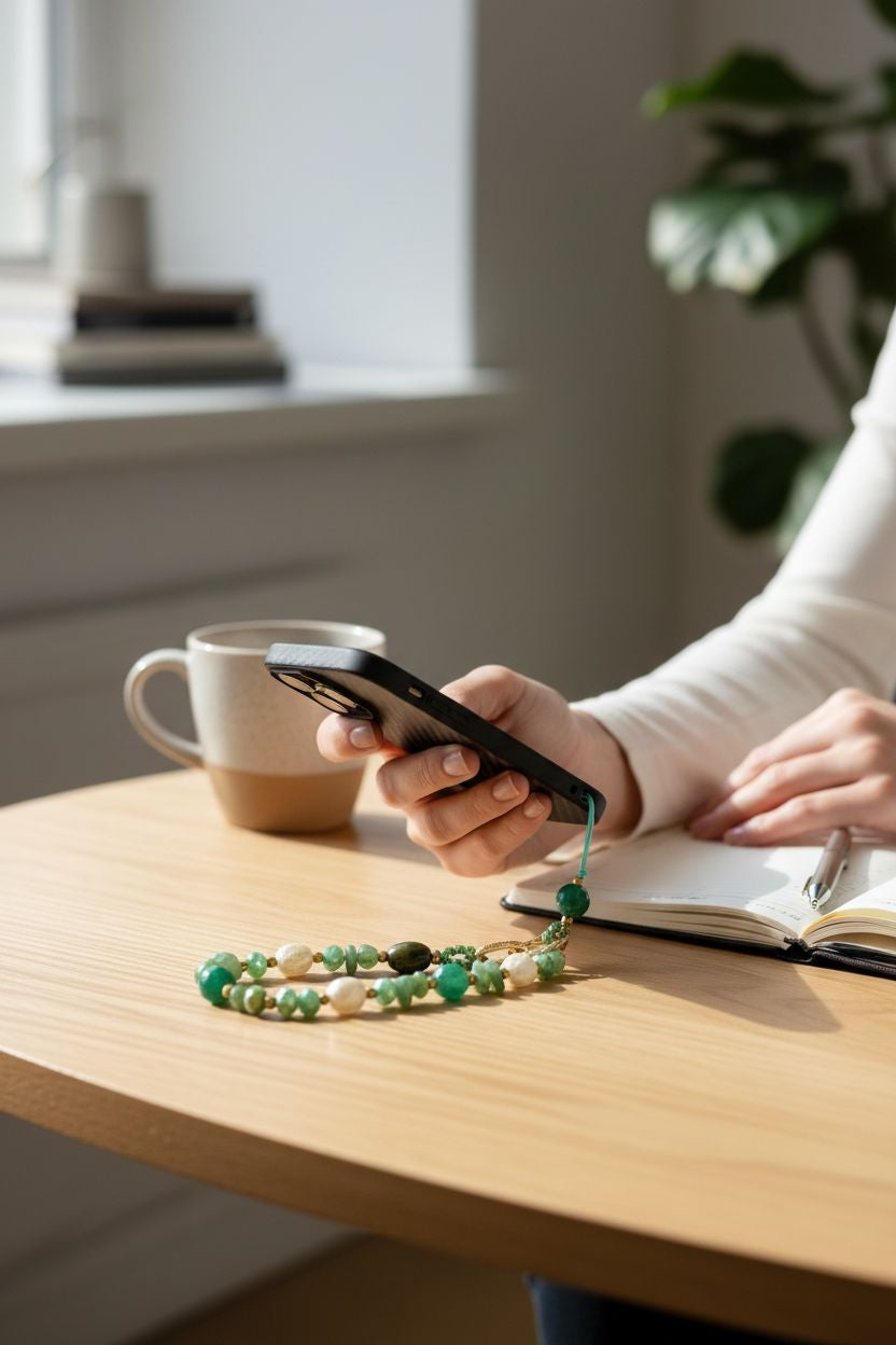 Natural green stone phone charm with gold chain