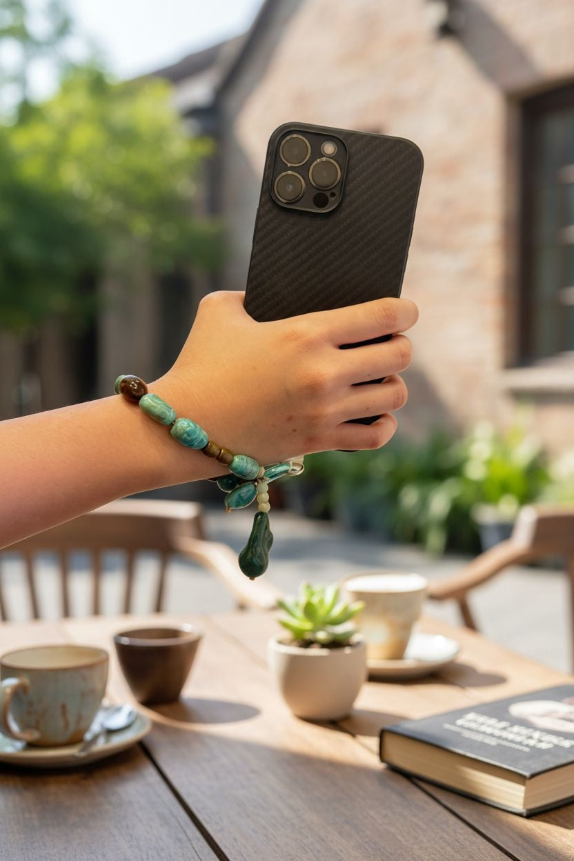 Natural green stone phone charm loop