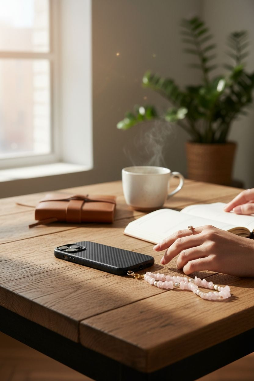 Pink Rose Quartz crystal phone strap for love energy