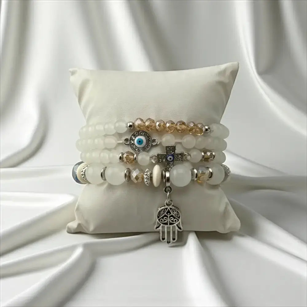 White Agate, Citrine, Silver Plated Charms & Evil Eye Bracelet – Spiritual Shield with Elegant Glow
