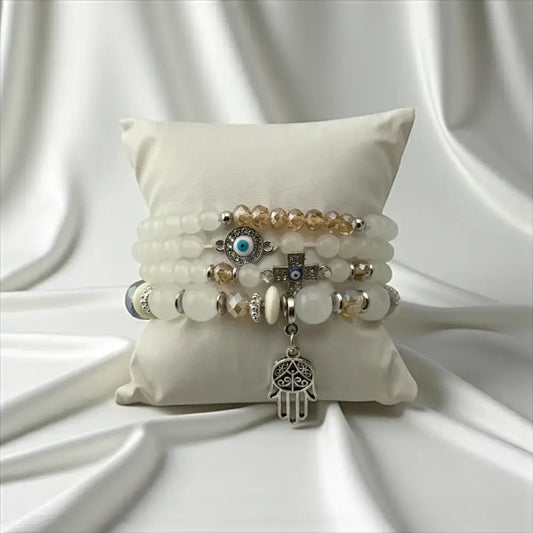 White Agate, Citrine, Silver Plated Charms & Evil Eye Bracelet – Spiritual Shield with Elegant Glow