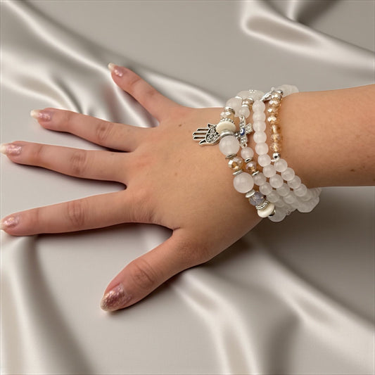 White Agate, Citrine, Silver Plated Charms & Evil Eye Bracelet – Spiritual Shield with Elegant Glow