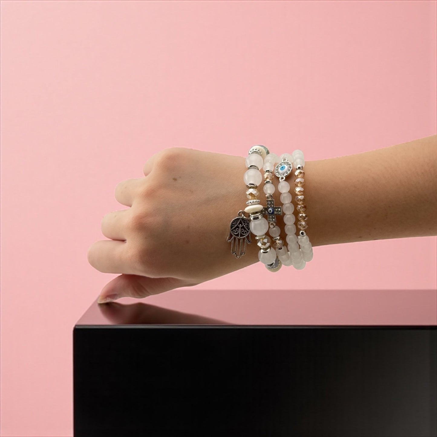White Agate, Citrine, Silver Plated Charms & Evil Eye Bracelet – Spiritual Shield with Elegant Glow