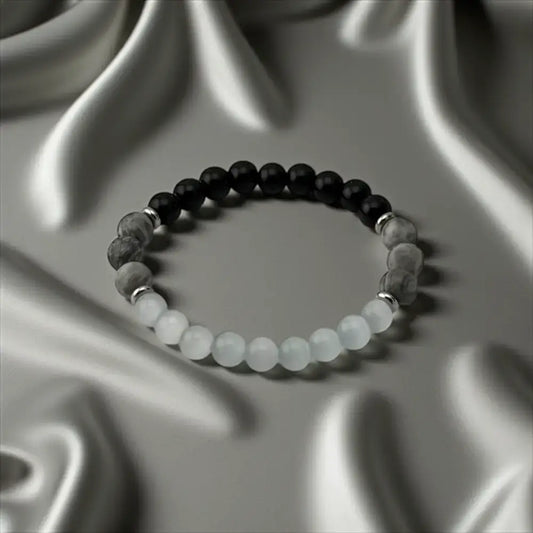 Black Onyx, Howlite & White Jade Bracelet – Protective Balance & Gentle Energy