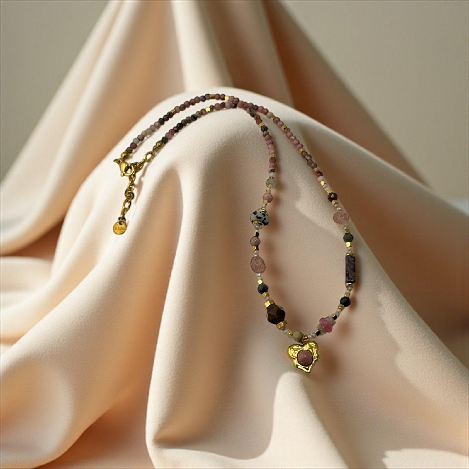 Rhodonite, Tourmaline, Jasper & Dalmatian Stone Electroplated Necklace – Playful Spirit & Artistic Balance