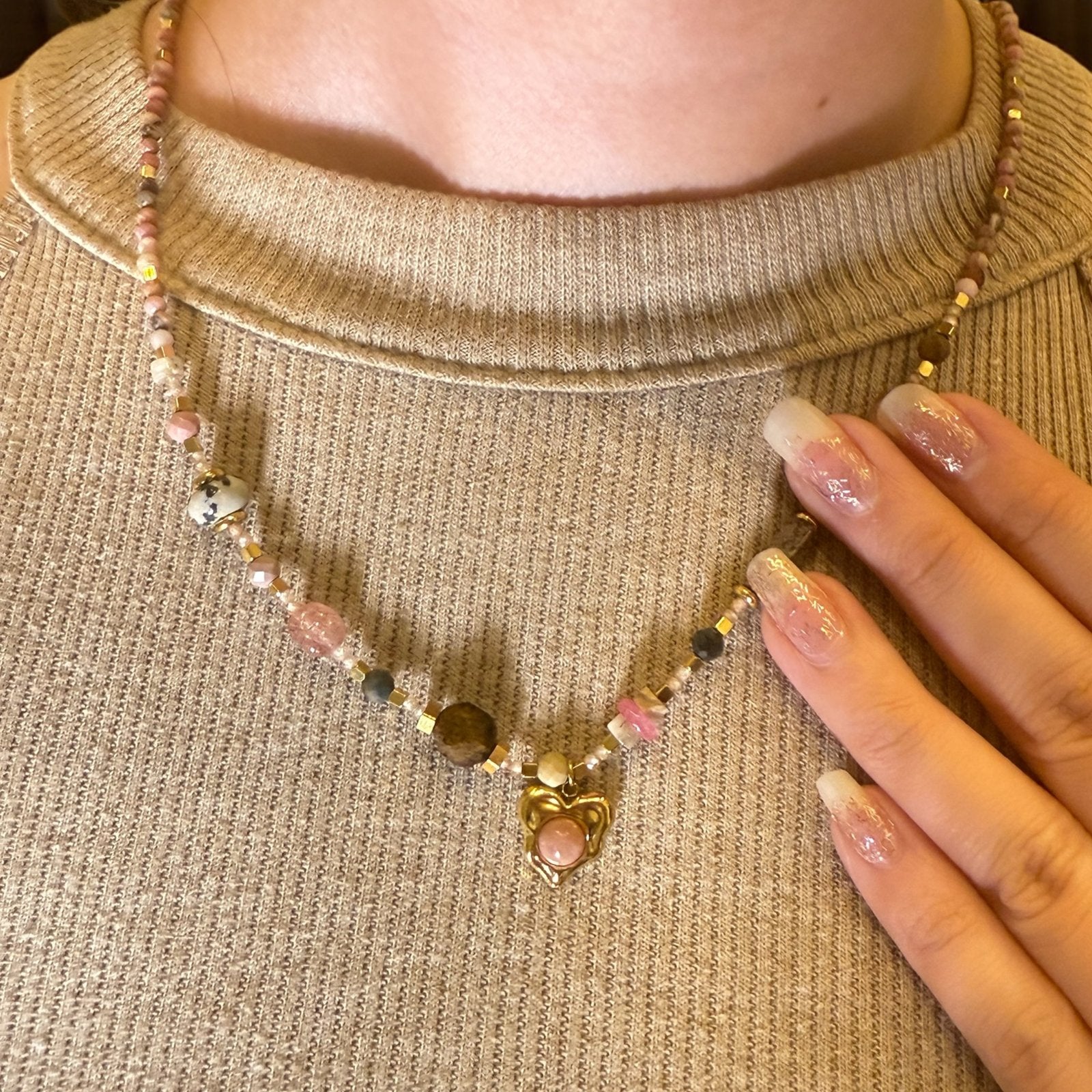 Rhodonite, Tourmaline, Jasper & Dalmatian Stone Electroplated Necklace – Playful Spirit & Artistic Balance