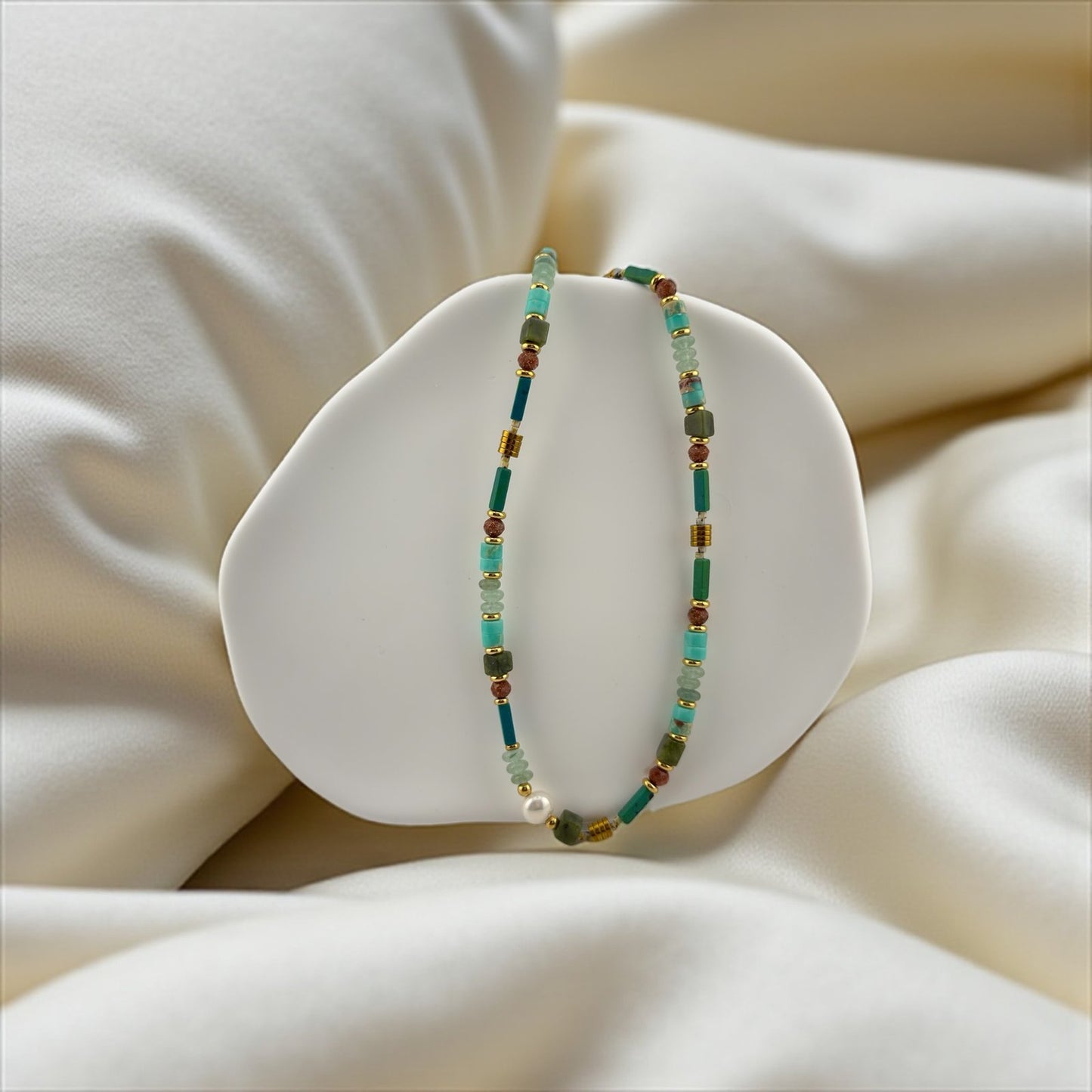 African Turquoise, Red Jasper & White Pearl Necklace – Natural Strength with Classic Grace