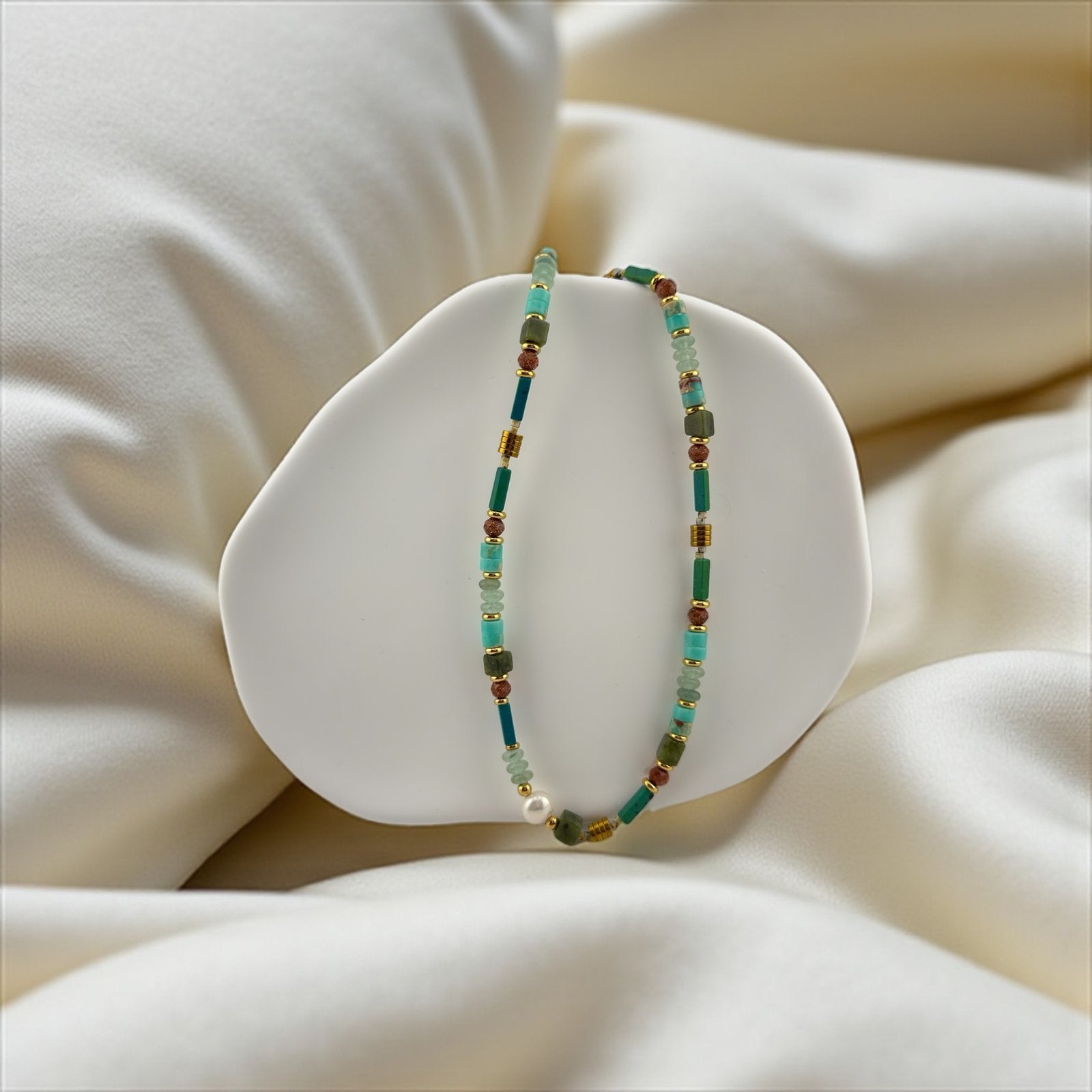 African Turquoise, Red Jasper & White Pearl Necklace – Natural Strength with Classic Grace