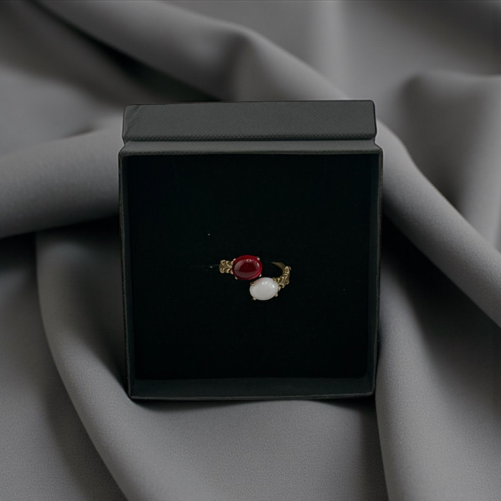 Dual Flame Red Onyx & White Jade Ring – Strength & Serenity United