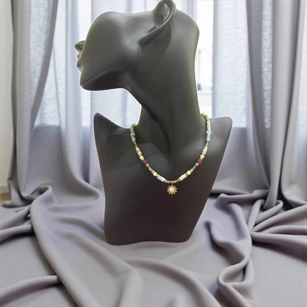 Aquamarine, Garnet & White Quartz Necklace – Ocean Calm, Passion & Clarity