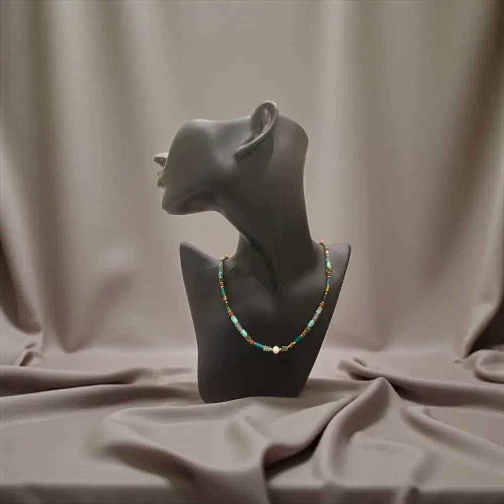 African Turquoise, Red Jasper & White Pearl Necklace – Natural Strength with Classic Grace