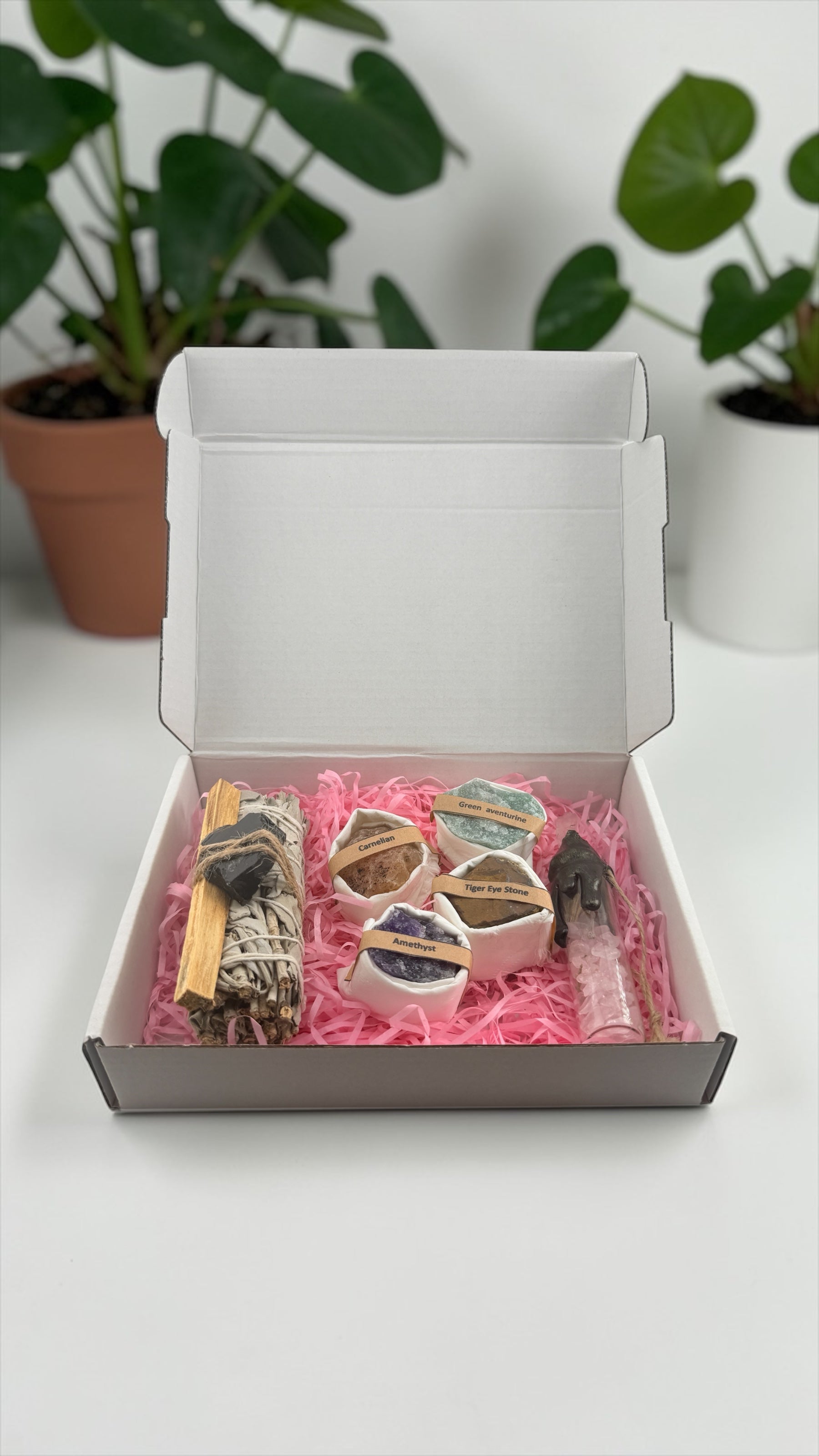 Box of decorative items including small plants and figurines on a white surface with plants in the background.