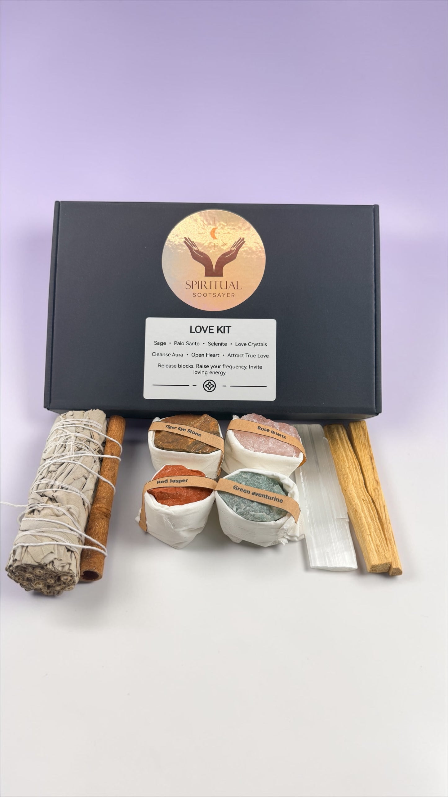Love kit with stones, incense, and packaging on a white background