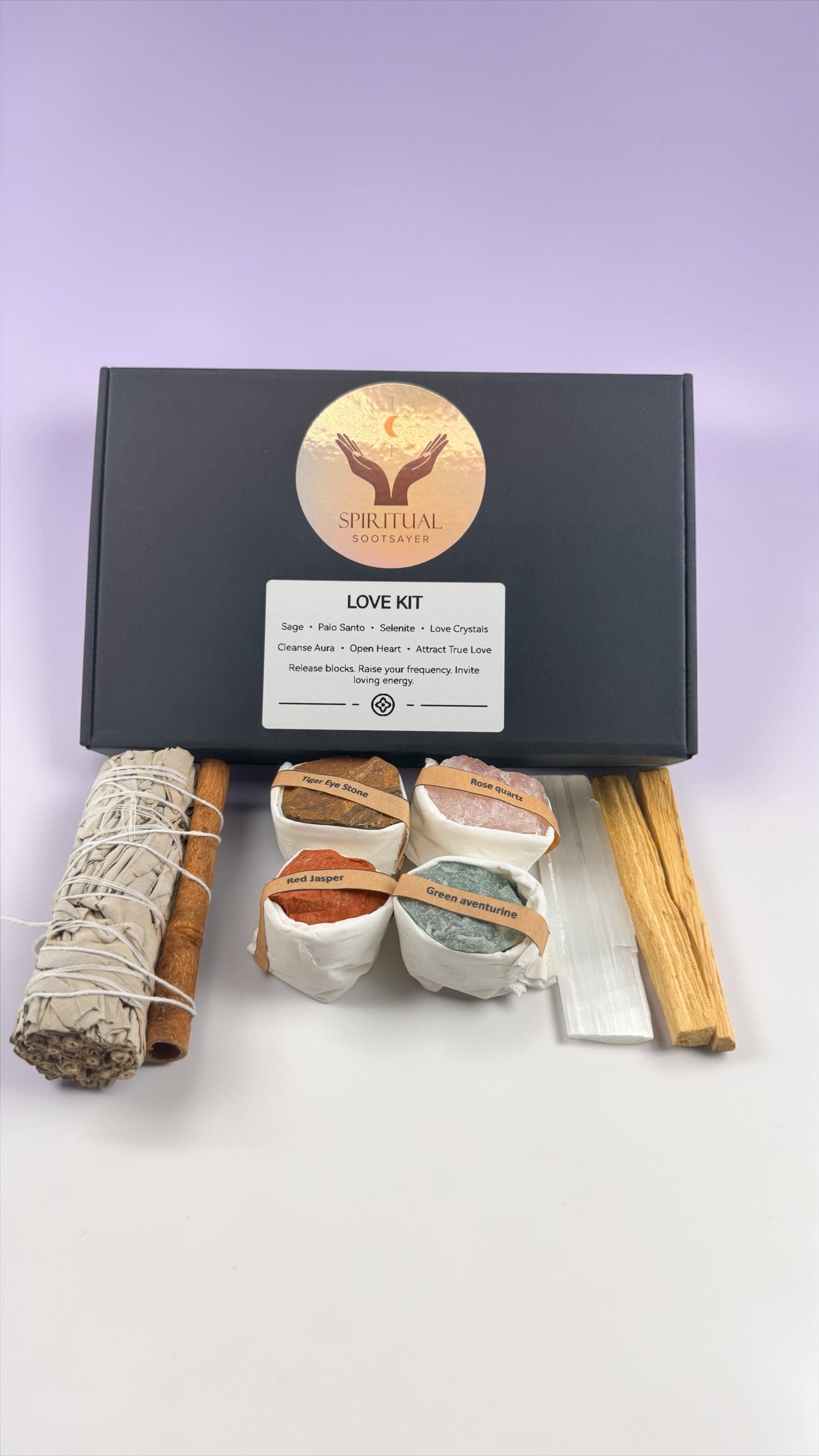 Love kit with stones, incense, and packaging on a white background