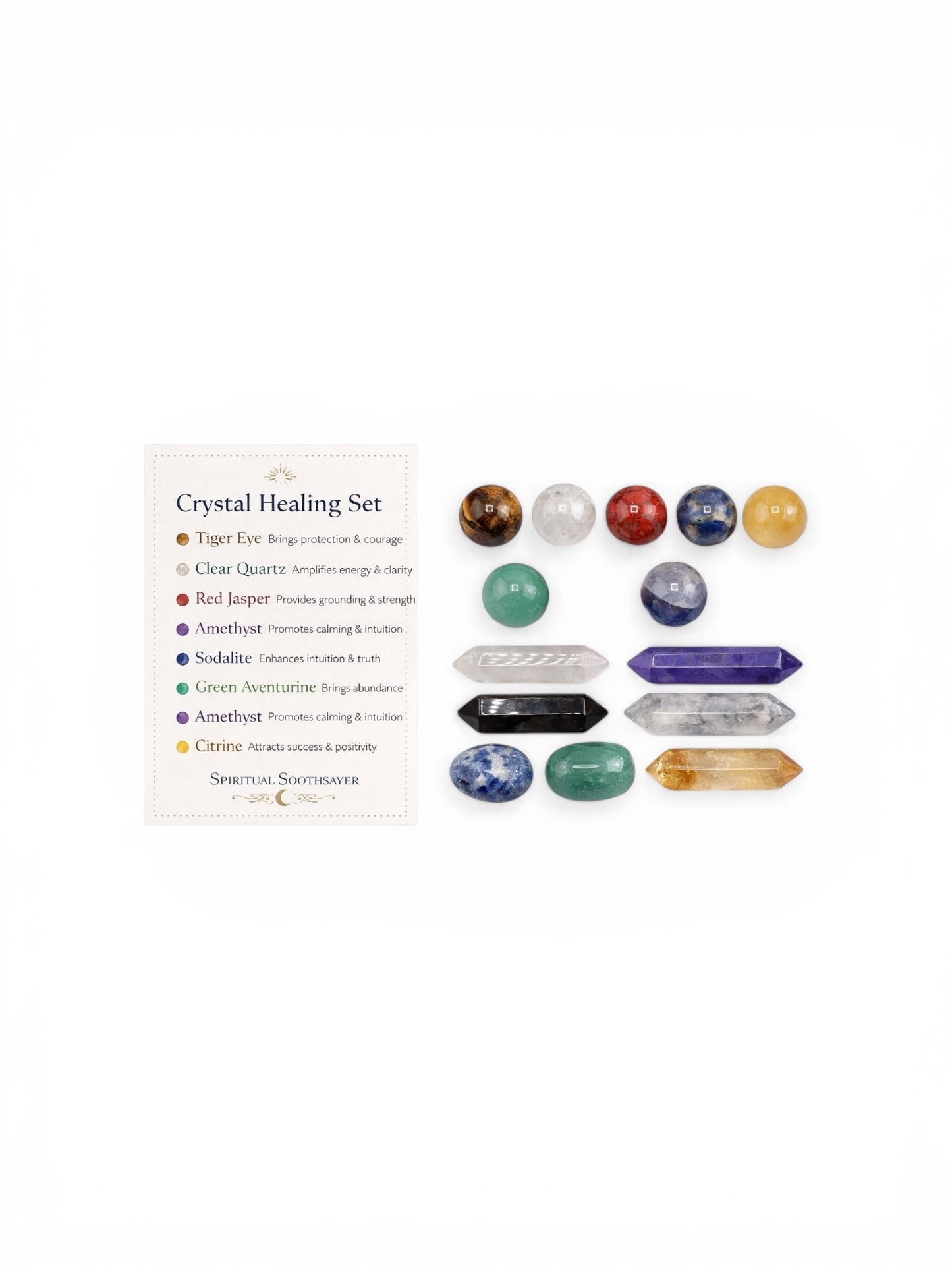 Crystal healing set with various crystals and a label on a white background