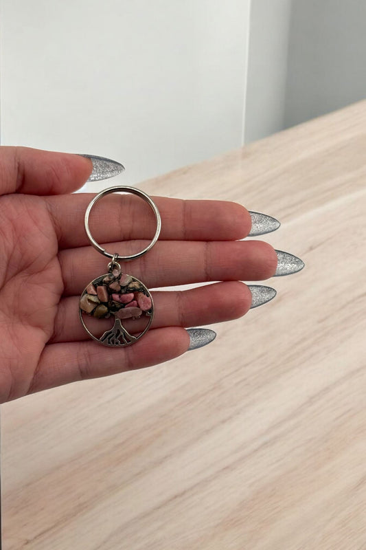 Pink Zebra Jasper Tree Keychain – Crystal Tree of Life Keychain for Balance & Style