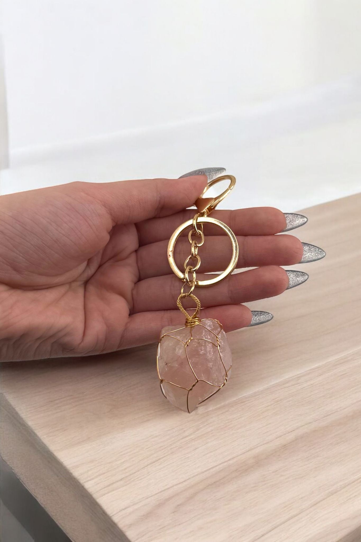 Raw Rose Quartz Keychain – Natural Rose Quartz Crystal Keychain for Healing & Love Energy