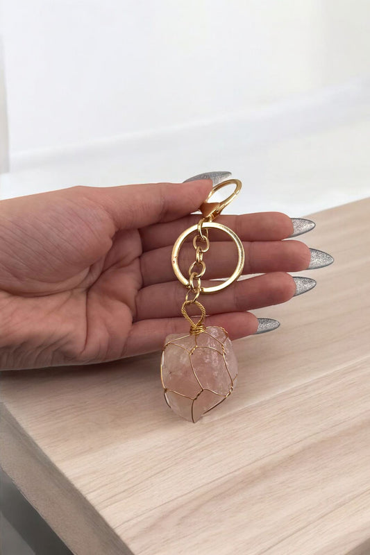 Raw Rose Quartz Keychain – Natural Rose Quartz Crystal Keychain for Healing & Love Energy