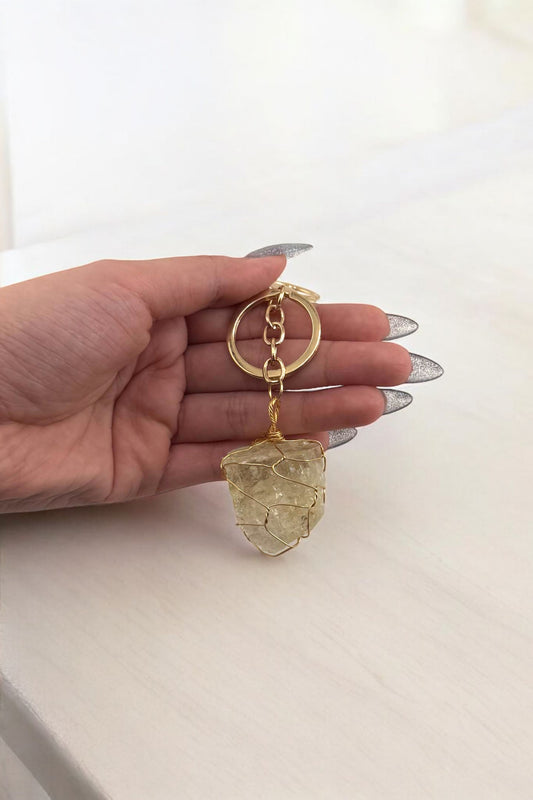 Raw Citrine Stone Keychain – Natural Citrine Crystal Keychain for Abundance & Energy