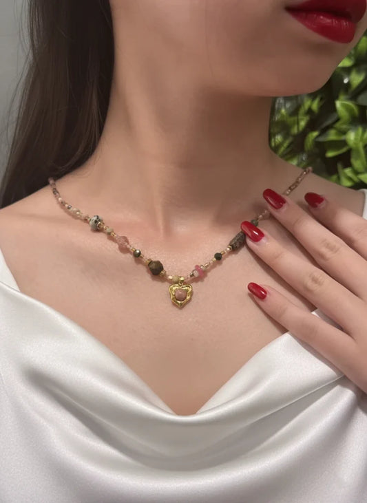 Rhodonite, Tourmaline, Jasper & Dalmatian Stone Electroplated Necklace – Playful Spirit & Artistic Balance