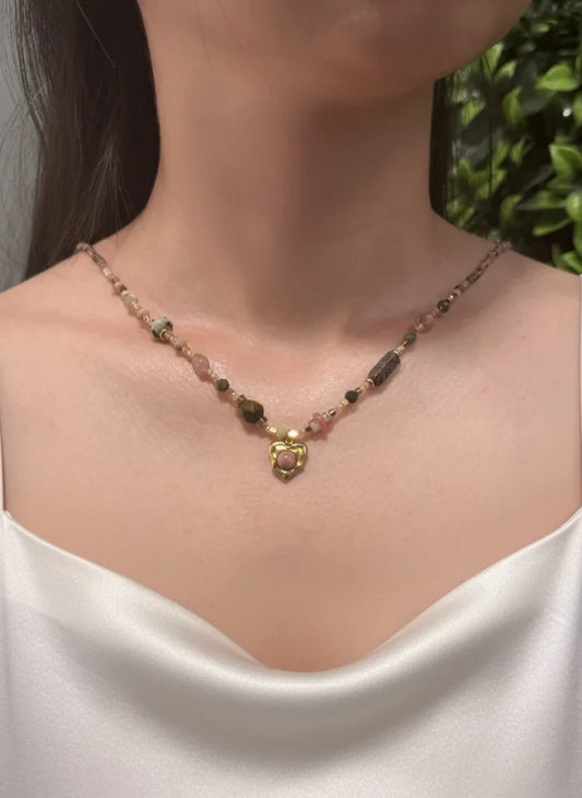 Rhodonite, Tourmaline, Jasper & Dalmatian Stone Electroplated Necklace – Playful Spirit & Artistic Balance
