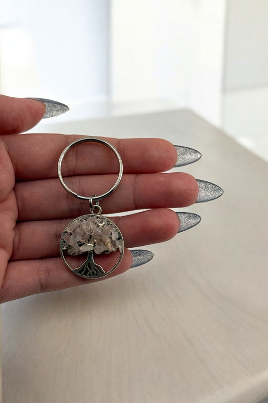 Rose Quartz Tree Keychain – Crystal Tree of Life Stone Keychain for Love & Harmony