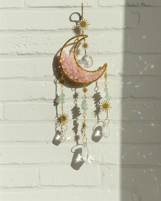 Rose Quartz Moon Dreamcatcher – Handmade Crystal Rose Quartz Moon Dream Catcher