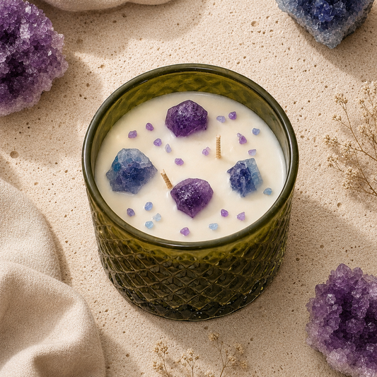 Candle in a green glass jar with purple and blue crystal-like objects on a sandy surface.