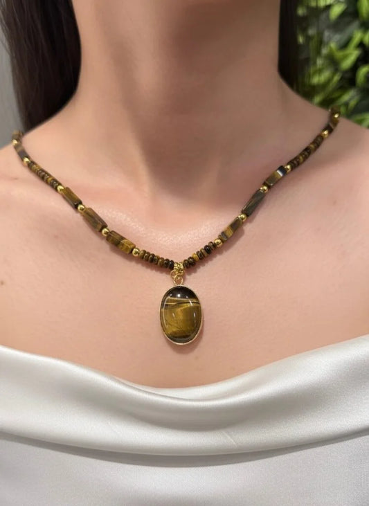 Tiger’s Eye Beads with Polished Pendant Necklace – Strength, Balance & Stylish Grace