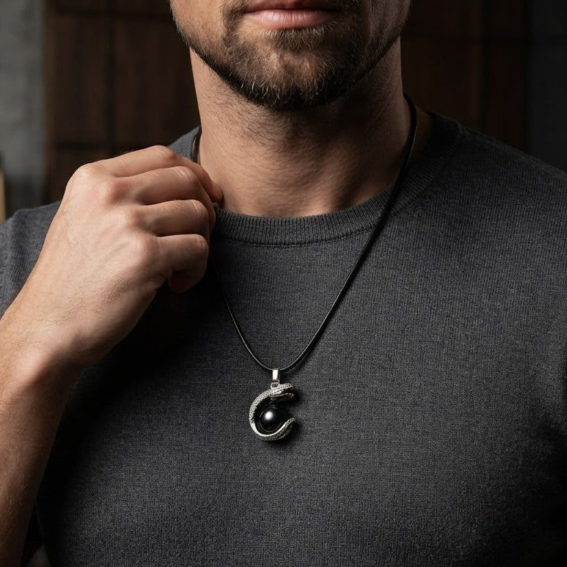 Black Onyx Serpent Guardian Men's Pendant Necklace