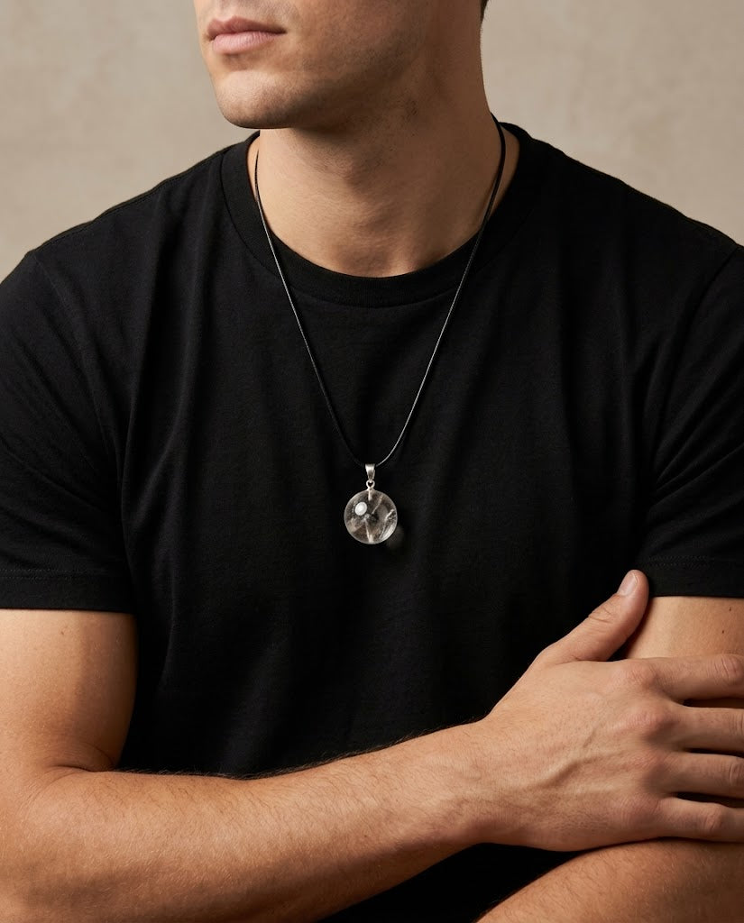 Man wearing a black t-shirt with a necklace featuring a round pendant.