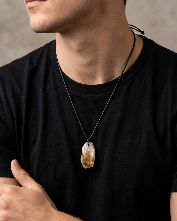 A man wearing a black t-shirt and a black cord necklace with a natural, irregular-shaped amber and white stone pendant.