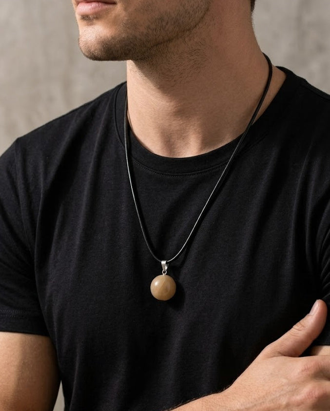 Man wearing a black t-shirt with a necklace featuring a round pendant.