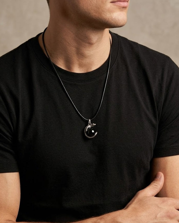 Black Onyx Serpent Guardian Men's Pendant Necklace