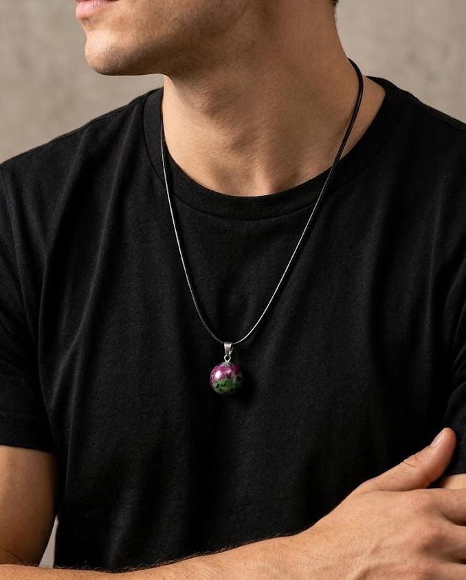 Man wearing a black t-shirt with a necklace featuring a colorful pendant.