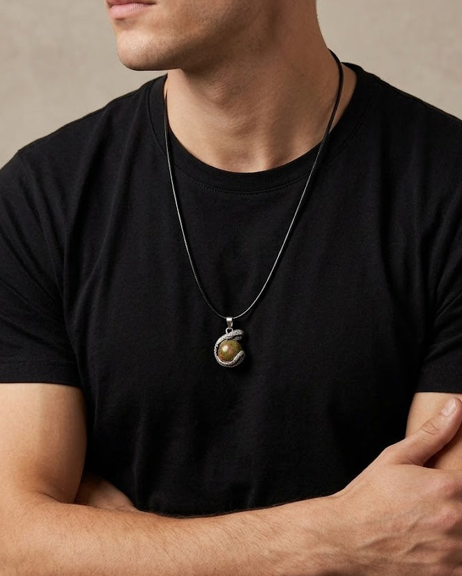 Unakite Serpent Guardian Men's Pendant Necklace