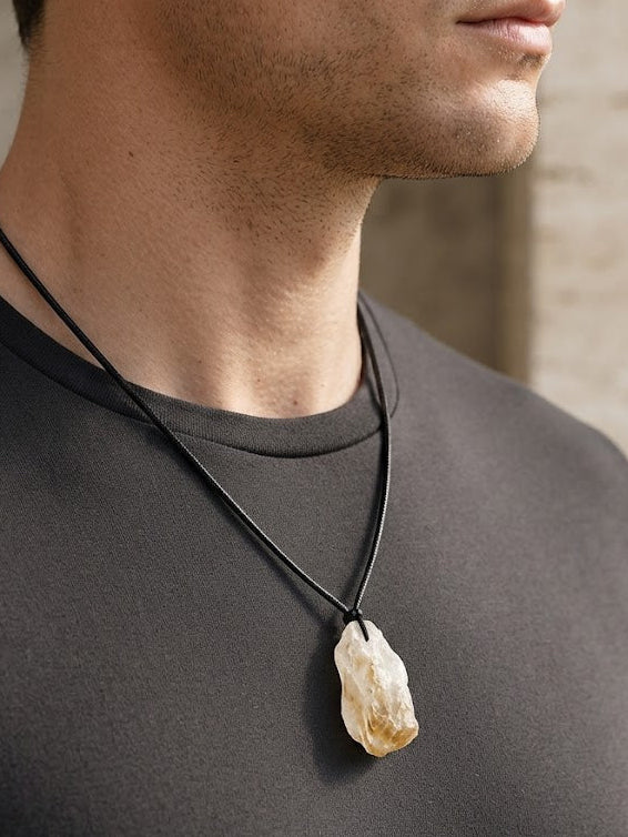 A man wearing a black cord necklace with a raw, polished natural stone pendant, shown in a close-up profile view against a neutral concrete wall.