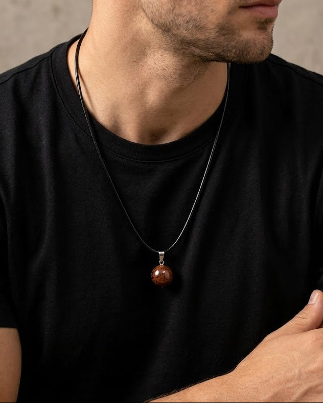 Man wearing a black t-shirt with a necklace featuring a brown pendant.